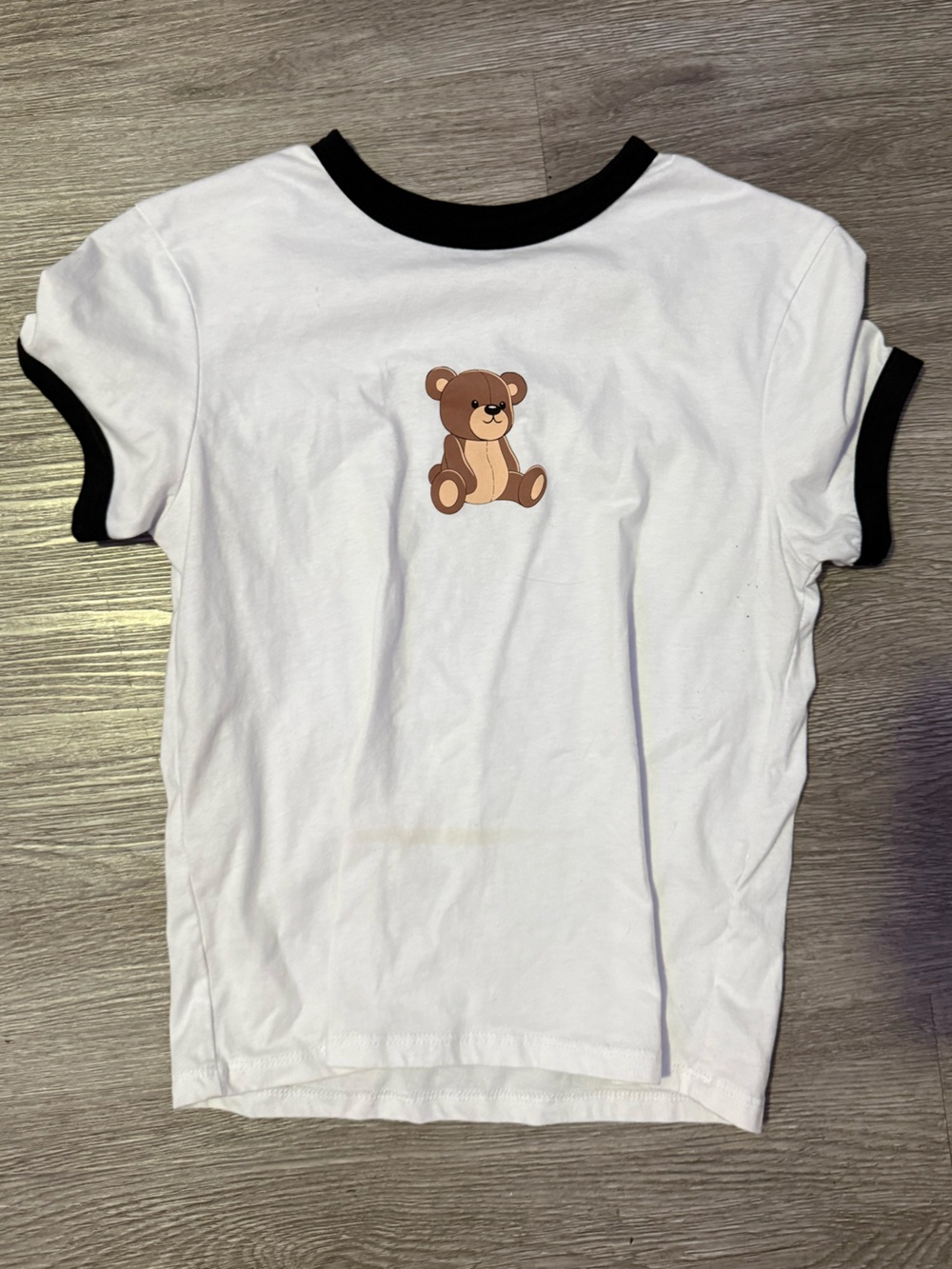 White Tee with Teddy Graphic and Black Trim